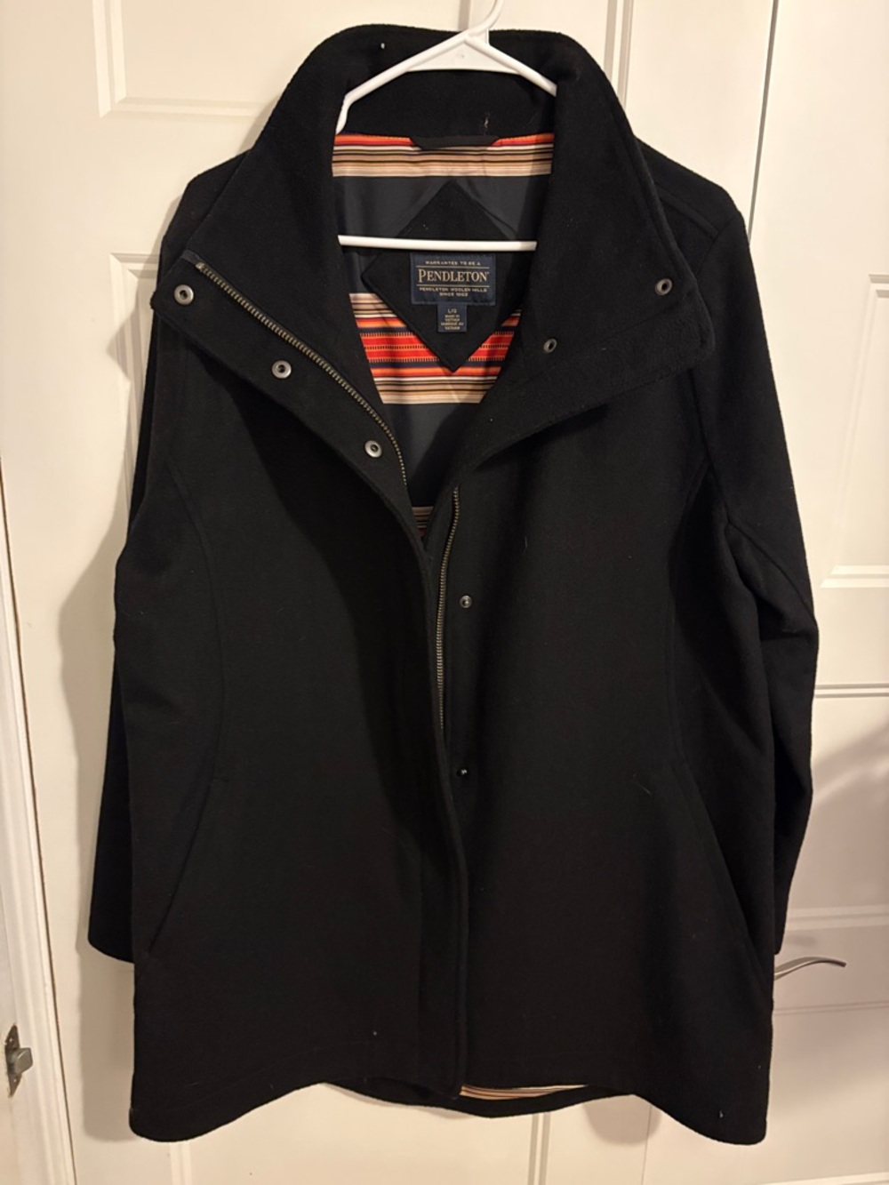 NWOT Pendleton Black Wool Pea Coat with Striped Lining